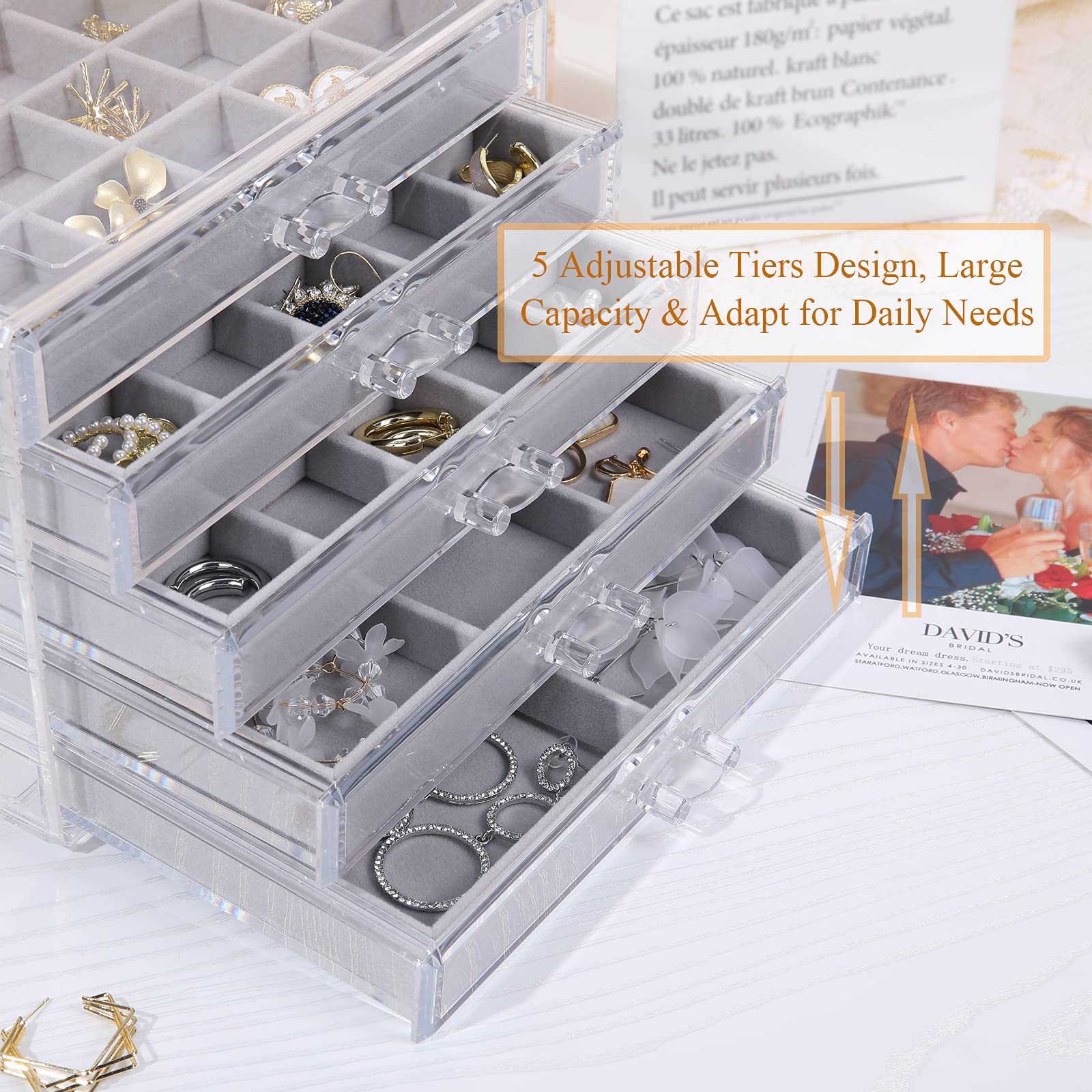 misaya Earring Jewelry Organizer with 5 Drawers, Birthday Present, Clear Acrylic Jewelry Box for Women, Velvet Earring Display Holder for Earrings Ring Bracelet Necklace, Gray