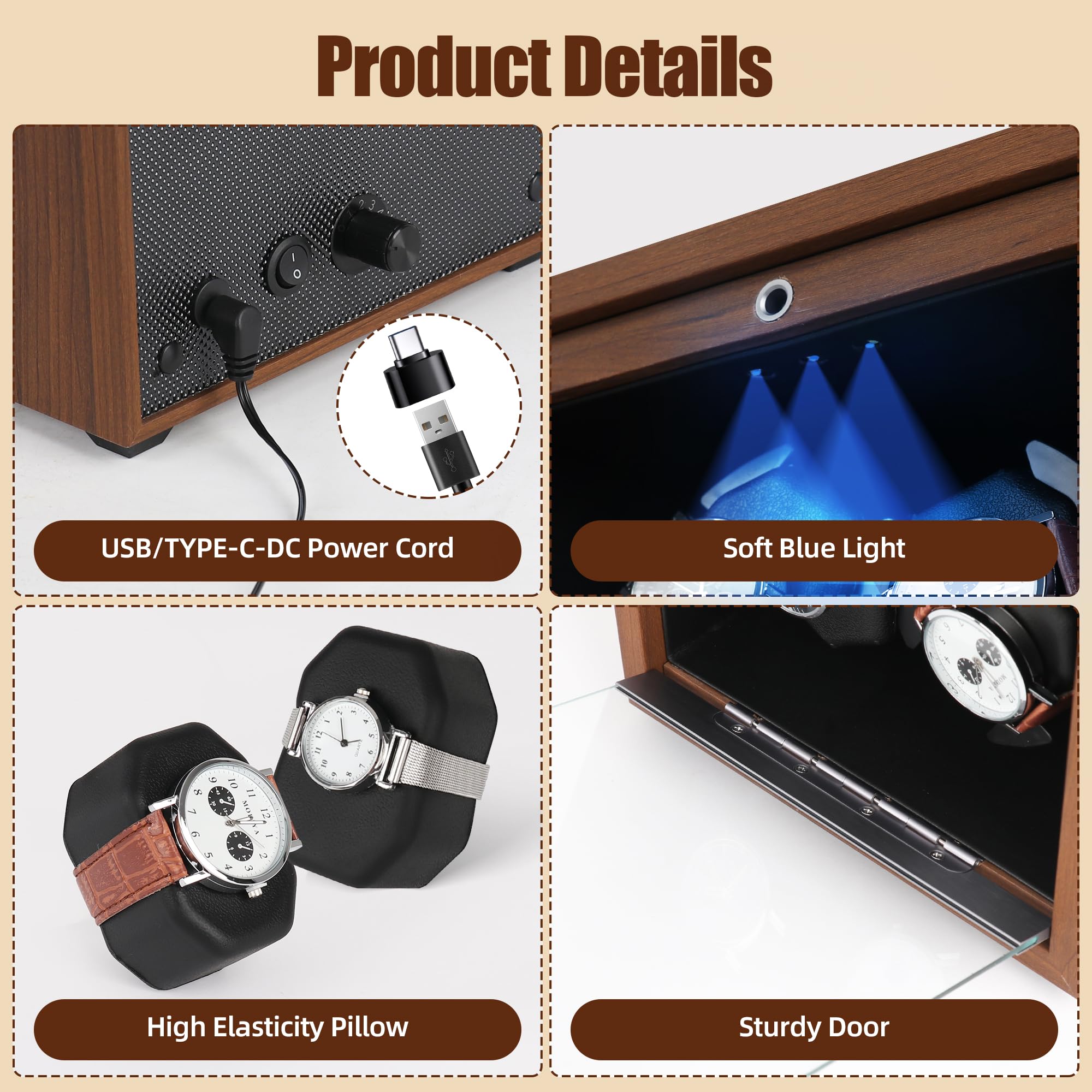 3 Watch Winder for Automatic Watches Wooden Automatic Watch Winder with Super Quiet Japanese Motor, 4 Rotation Mode, Blue LED Light, Memory Foam Pillows for Man & Woman