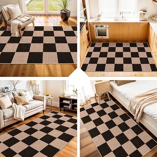 CHECKERED 3X5 NO SHED JUTE RUG: MACHINE WASHABLE NON SLIP RUGS FOR ENTRYWAY FRONT PORCH KITCHEN – DOOR MAT AREA RUG FARMHOUSE NEUTRAL NON SHEDDING – CARPET FOR BEDROOM LIVING ROOM (BLACK,3X5)