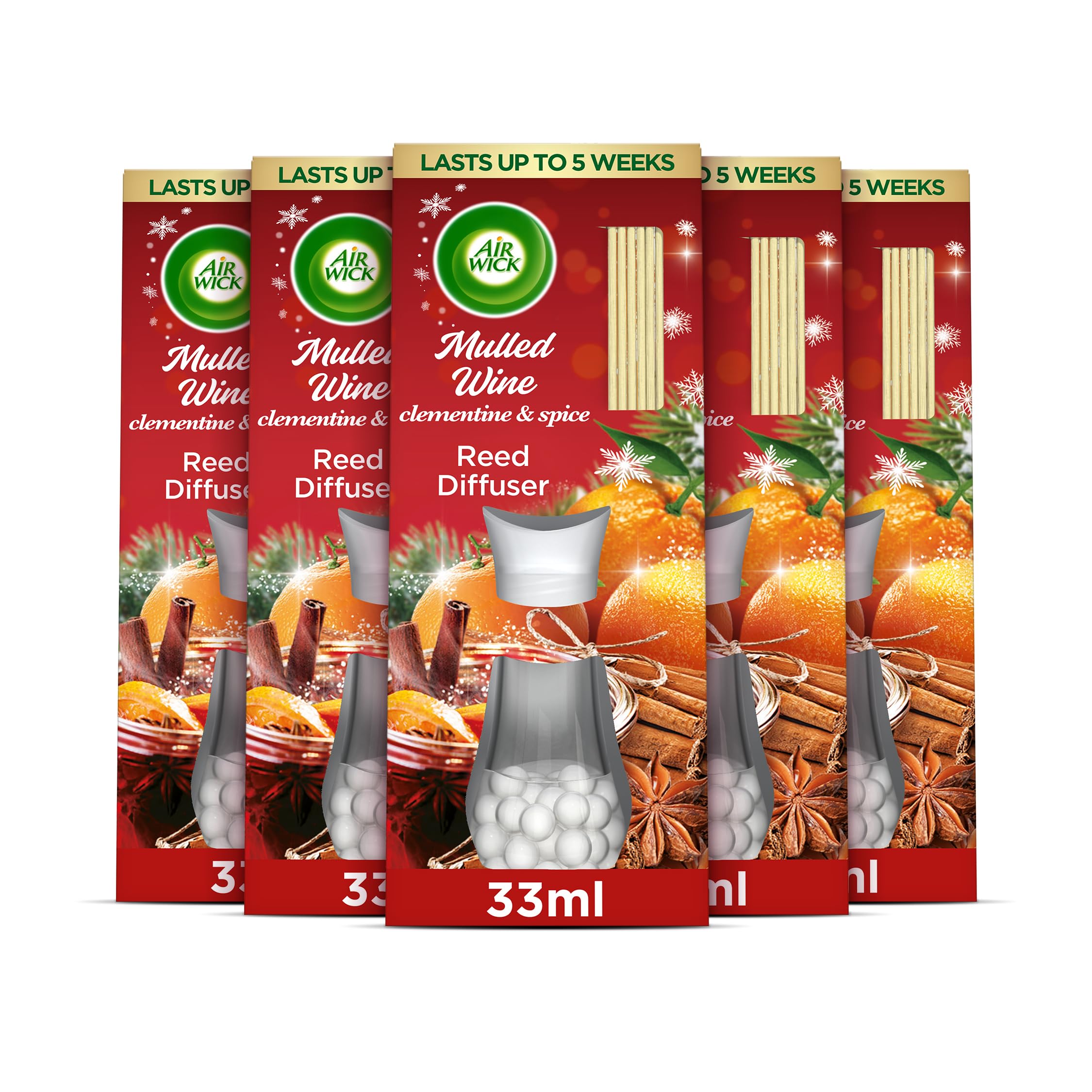 Air Wick Essential Oils Reed Diffuser Air Freshener Mulled Wine Scent, 5 Bottles X 30 ml