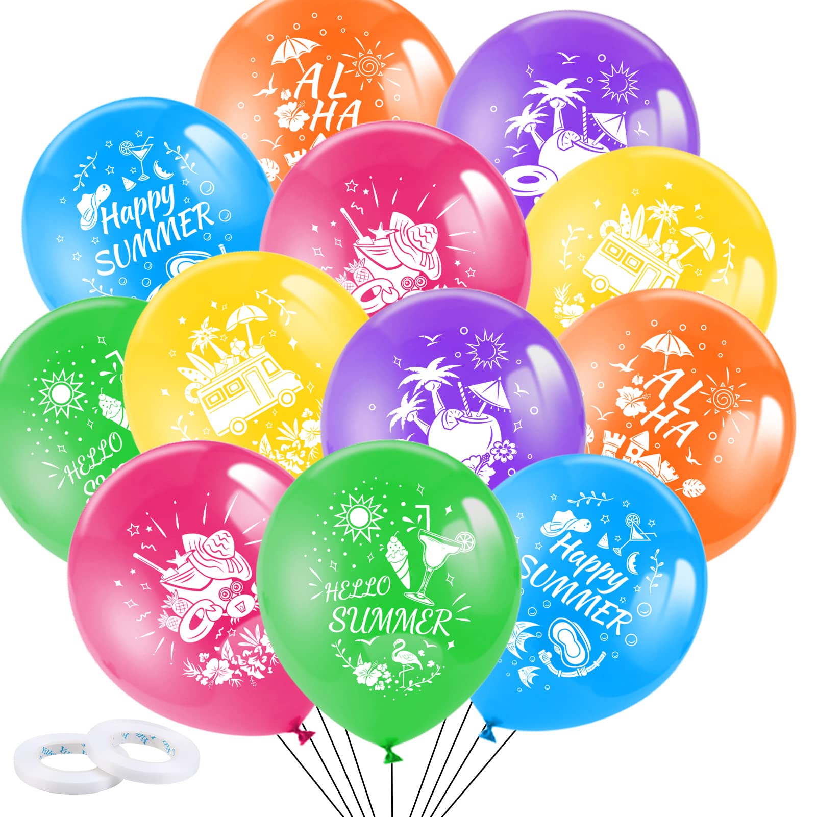 DPKOW 37pcs Colorful Summer Party Balloons Decorations, Aloha Hello Summer Latex Balloons Support Helium or Air, for Pool Beach Luau Tropical Hawaiian Party Decorations