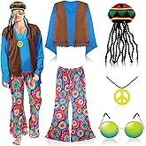 Geyoga 5 Pcs 70s 60s Hippie Costume for Men 70 S Outfit Disco Outfit Pant Shirt Faux Vest Rasta Hat with Dreadlocks