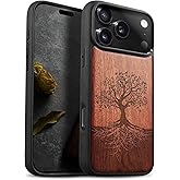 Carveit Magnetic Wooden Case for iPhone 17 Pro Case, Wood Artisan Engraved & Black Soft TPU Shockproof Cover, Compatible with MagSafe Wireless Chargers (The Yin Yang Tree) Rosy