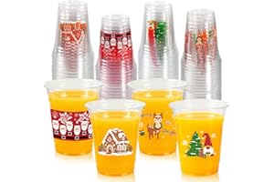 CUPLOOV 50Pcs Christmas Disposable Cups, 12oz Clear Plastic Cups Set Reindeer Christmas Party Cup for Xmas Holiday Coffee Wine Cold Juice Drinks Party Supplies, 4 Styles