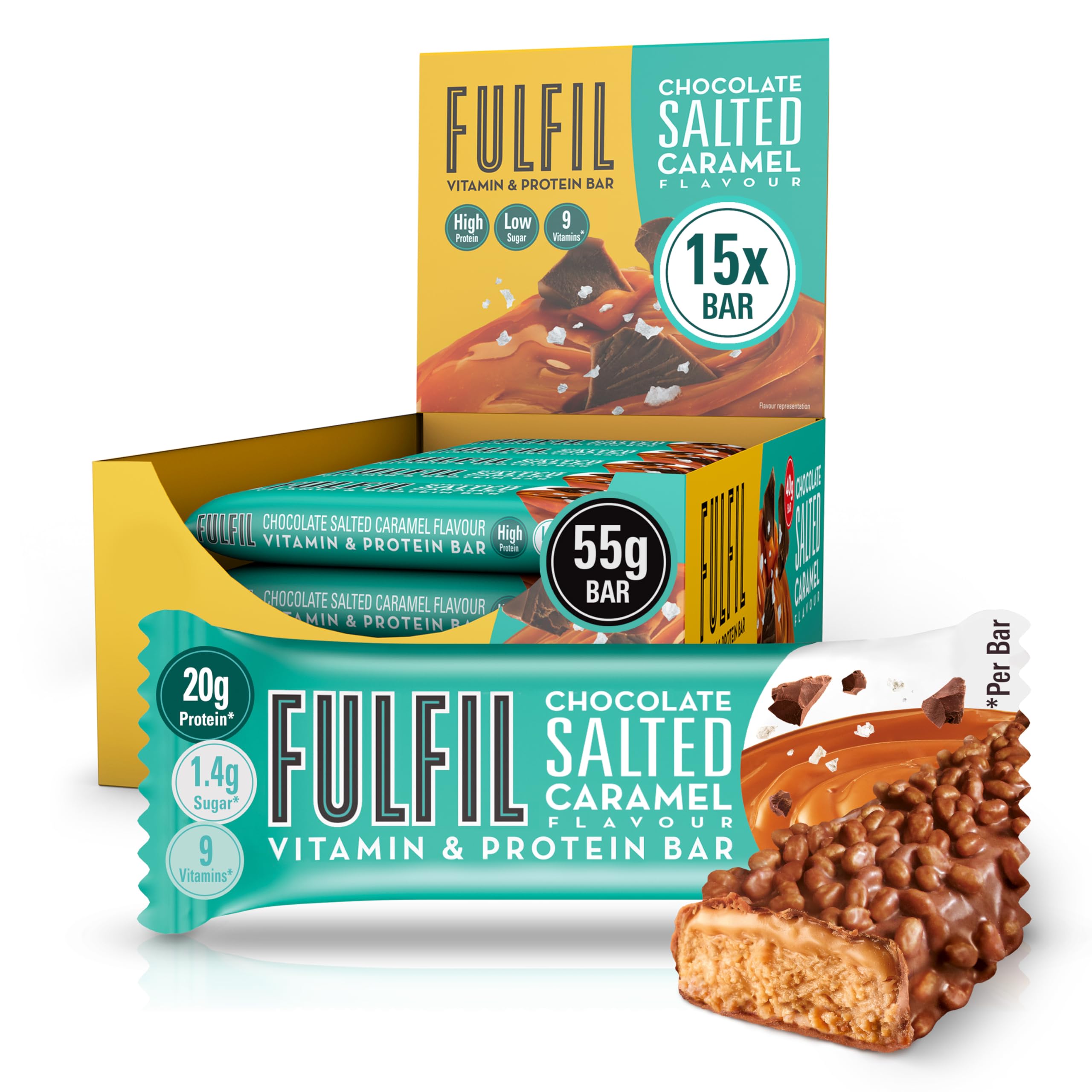 FULFIL Vitamin and Protein Bars (15 x 55 g Bars) — Chocolate Salted Caramel Flavour — 20 g High Protein; 9 Vitamins; Low Sugar