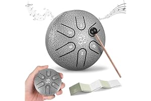 Sannofair Mini Rain Drum for Outside, Steel Tongue Drum 6 Notes 3 Inches Chakra Tank Drum, for Yoga Musical Education, with Drumsticks Drumstick Stand Tutorial Book Note Stickers Finger Cots(Silver)