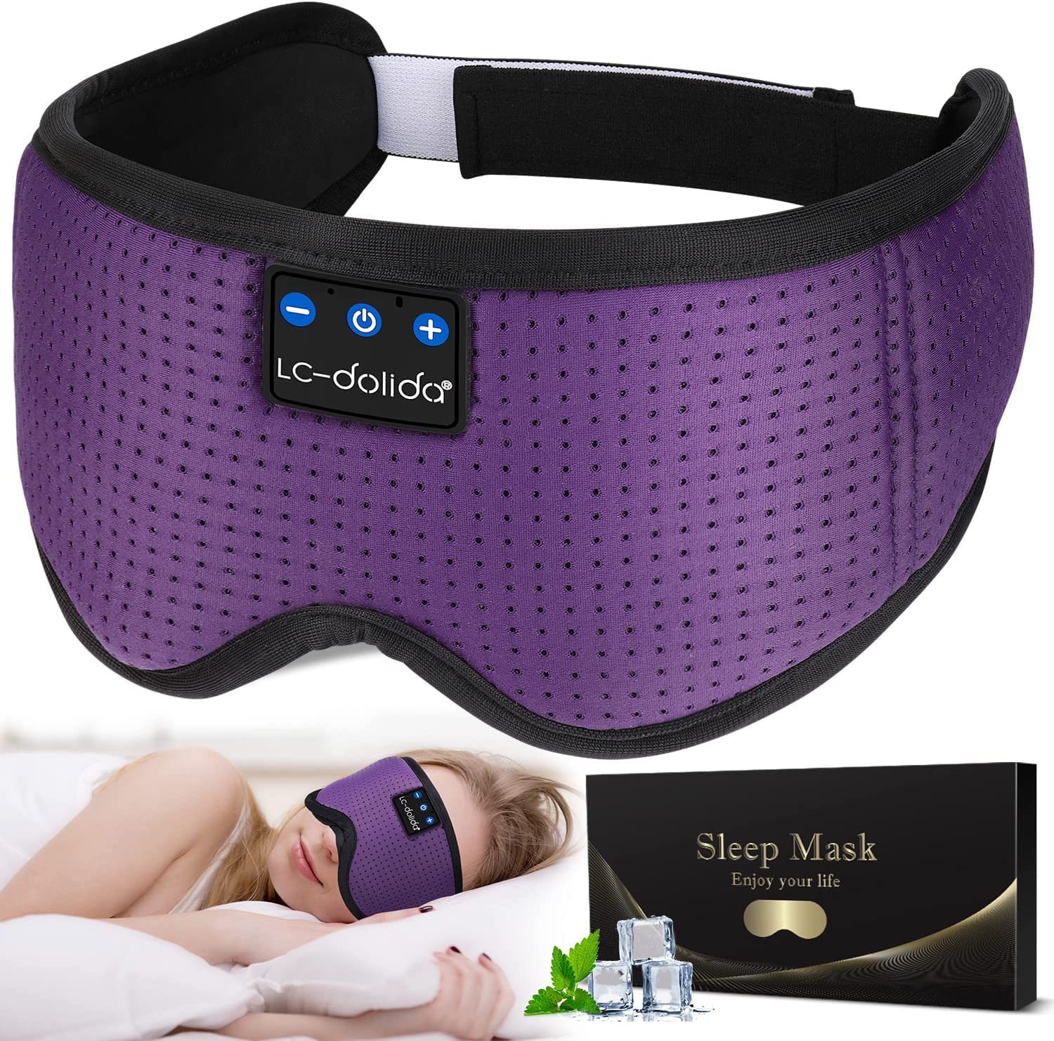 LC-dolida Bluetooth Sleep Mask Headphones,Upgraded Ice Silk Sleeping Headphones for Side Sleeper,15Hrs Playing Music Eye Mask with Bluetooth Earphones,Sleep Aids for Men/Women/Nap/Relax/Travel