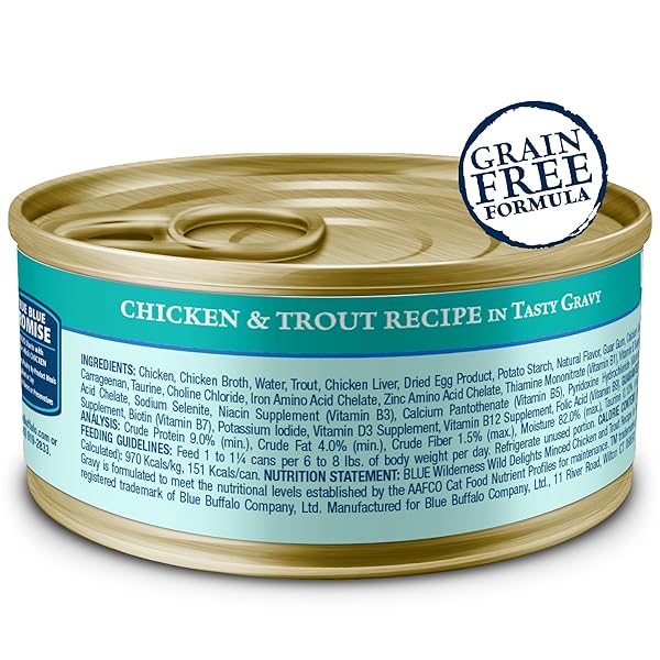 BLUE BUFFALO WILDERNESS WILD DELIGHTS MINCED WET CAT FOOD, HIGH-PROTEIN & GRAIN-FREE, MADE WITH NATURAL INGREDIENTS, CHICKEN & TROUT RECIPE IN TASTY GRAVY, 5.5-OZ. CANS (24 COUNT)