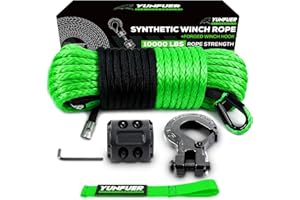 YUNFUER 1/4" x 50ft 10000LBS Green Synthetic Winch Rope Kit with Protective Sleeve, Forged Winch Hook, Rubber Stopper and Safety Pull Strap for ATV/UTV