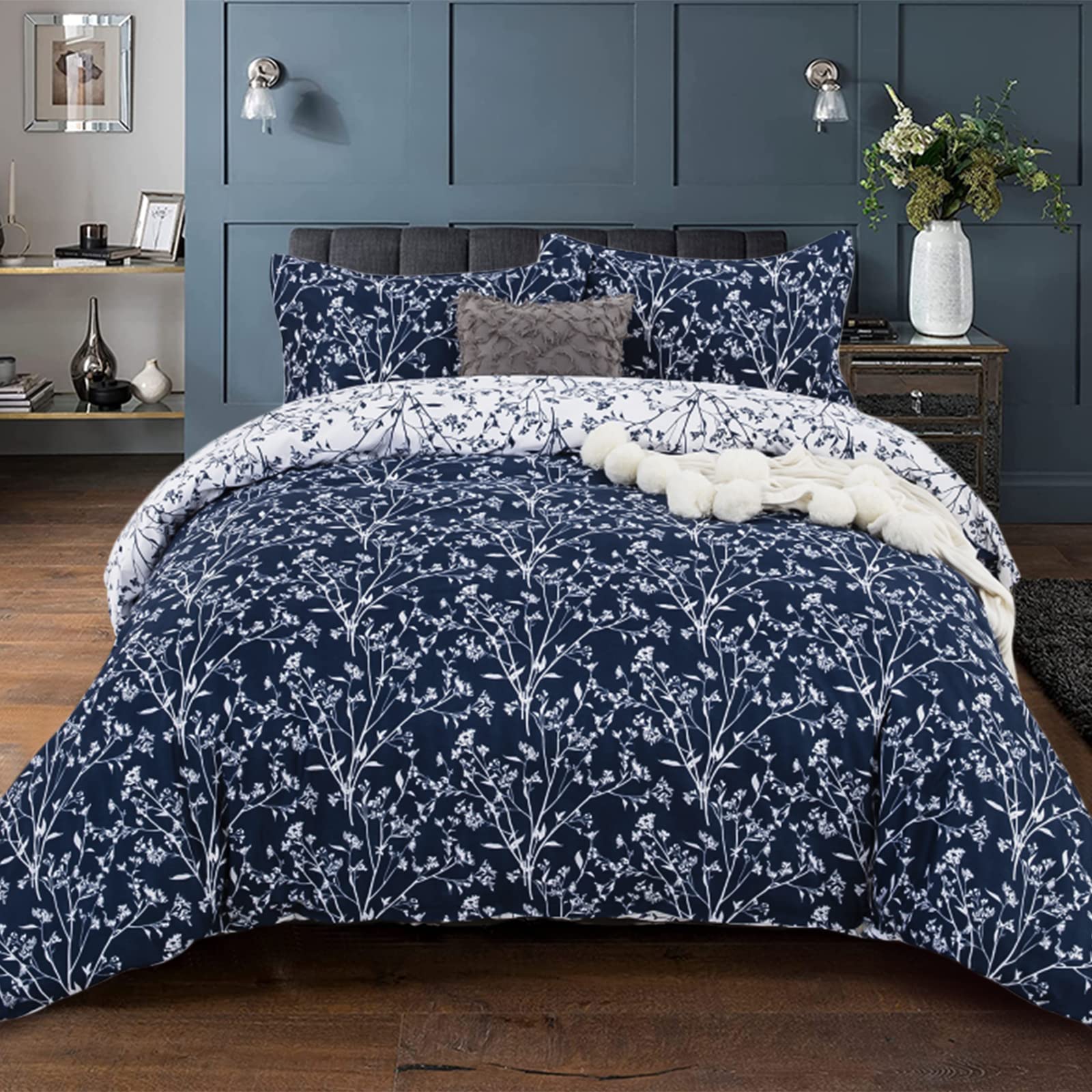DJY Navy Bedding Branch Floral Pattern Duvet Cover with 2 Pillowcases Soft Microfiber Reversible Duvet Cover Set with Zipper Closure for Adults Teens Kids (King Size 3PCs 230x220cm)