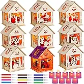 Wettarn 18 Sets Halloween Wooden House, Make Your Own Halloween Lighted Haunted House, Wooden Craft Kit with Color Pens and Purple Tea Lights Candles for Arts and Crafts Projects