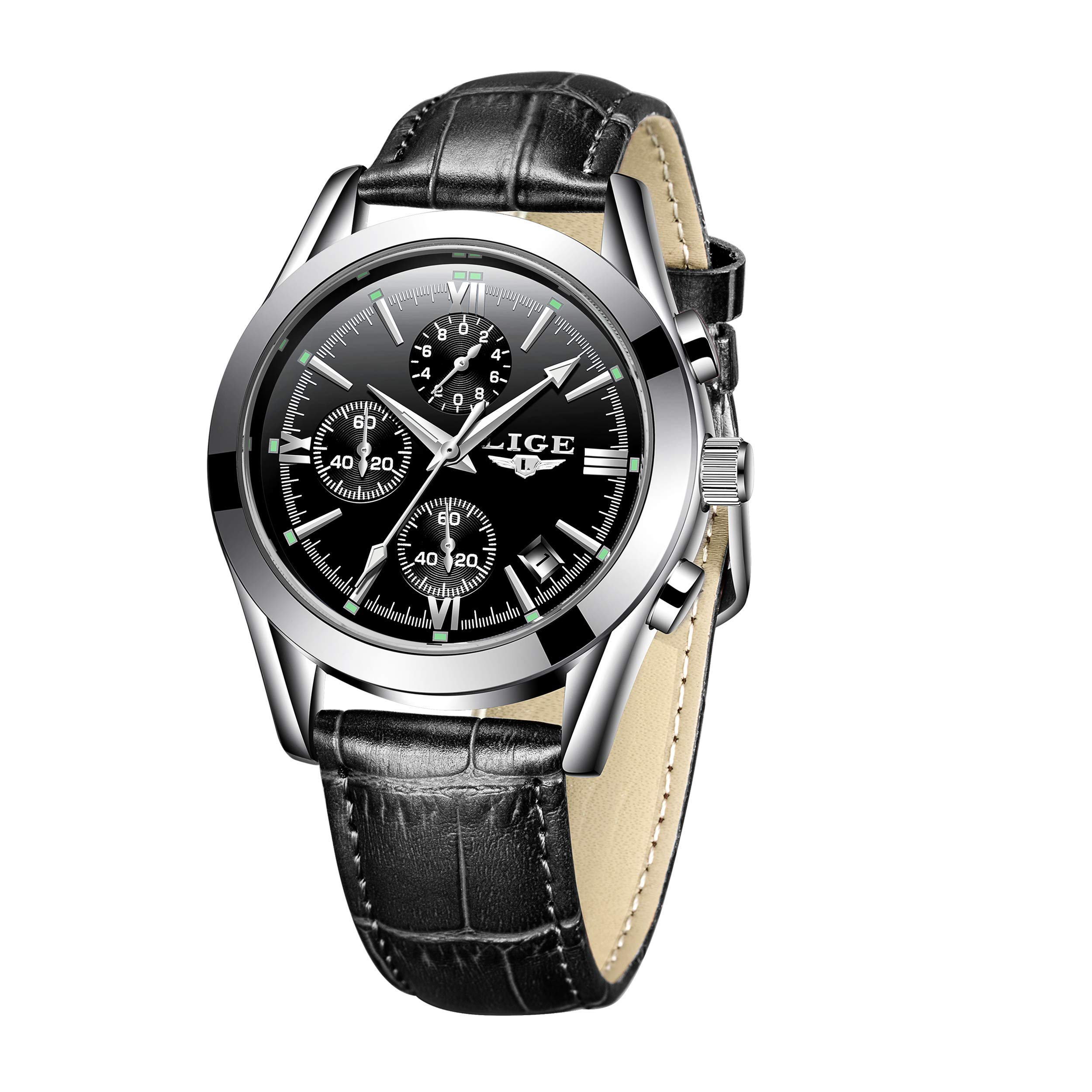LIGE Watches Mens Fashion Leather Luxury Wrist Watch Sports Analog Quartz Leather Strap Watch Gents Business Dress Chronograph Waterproof Watch Multifunction Classic Watch Black