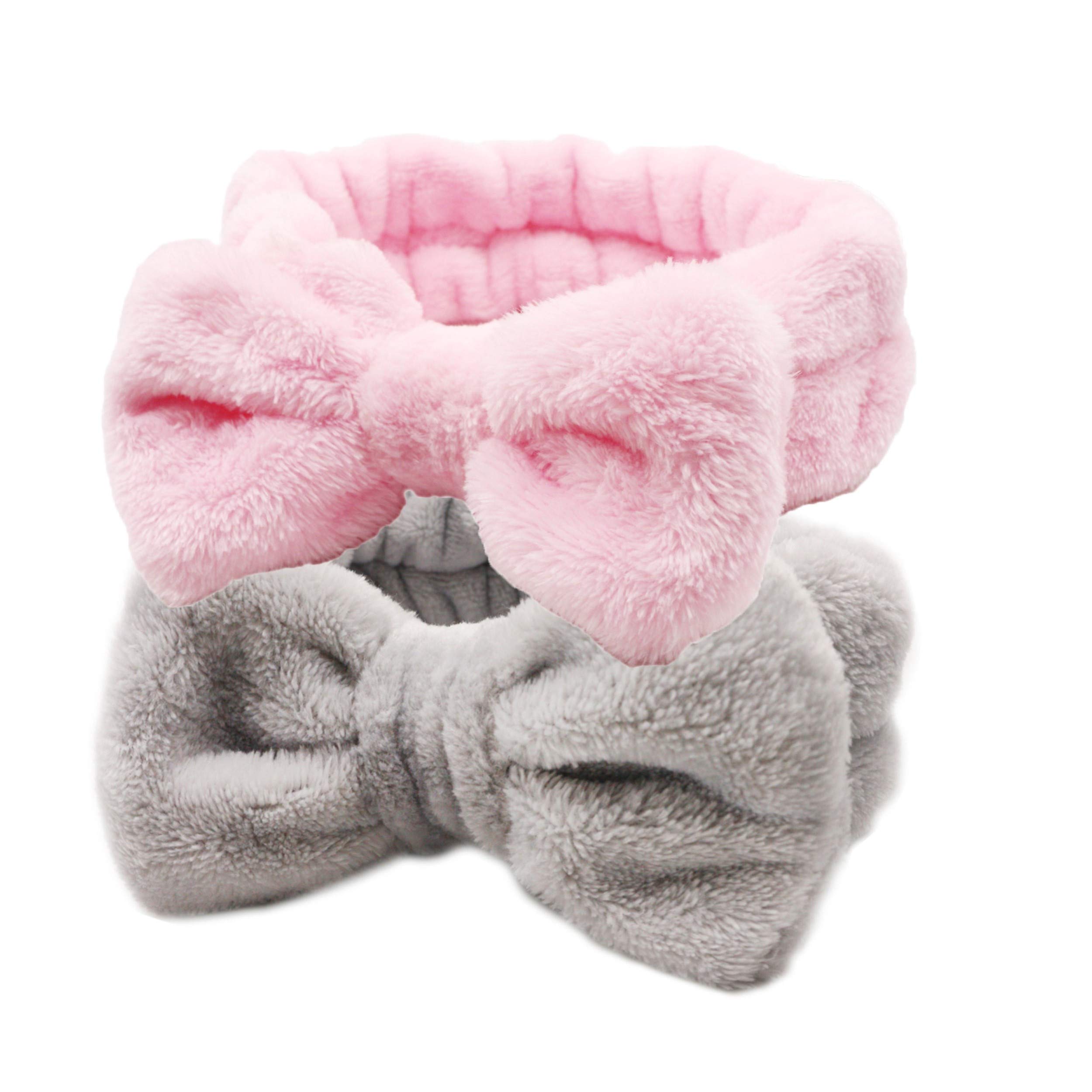 Dofash Cute Bowknot Bow Makeup Cosmetic Headbands for Washing Face,Shower Hairbands, Spa Headbands for Women 2PCS (Light Pink+Gray)