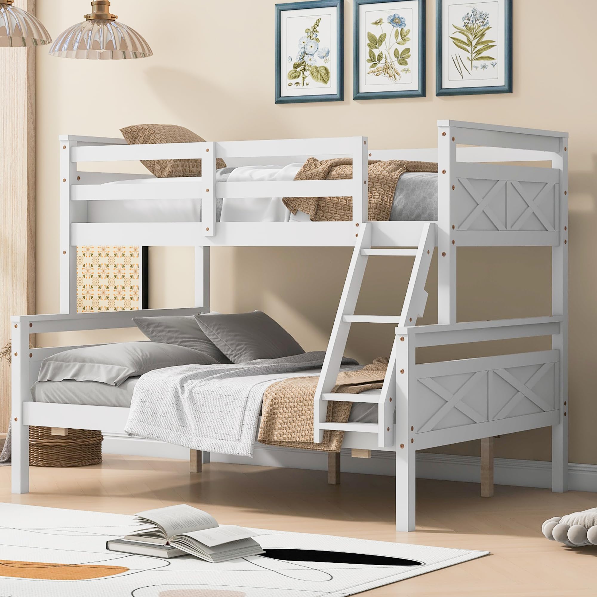 INCOMPLETE Merax Twin Over Full Bunk Bed, Kids Bedroom White Wooden