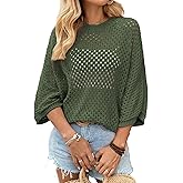 SHEWIN Womens Sweaters Crew Neck 3/4 Length Sleeve Crochet Tops Knit Beach Cover Ups Spring Outfits for Women