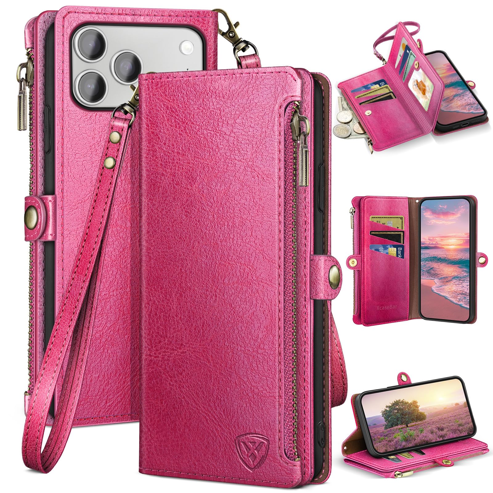 XcaseBar Compatible with iPhone 17 Pro 6.3" Wallet case with Zipper Credit Card Holder【RFID Blocking】,Flip Folio Book PU Leather Phone case Shockproof Cover Women Men for Apple 17 Pro case Rose Red