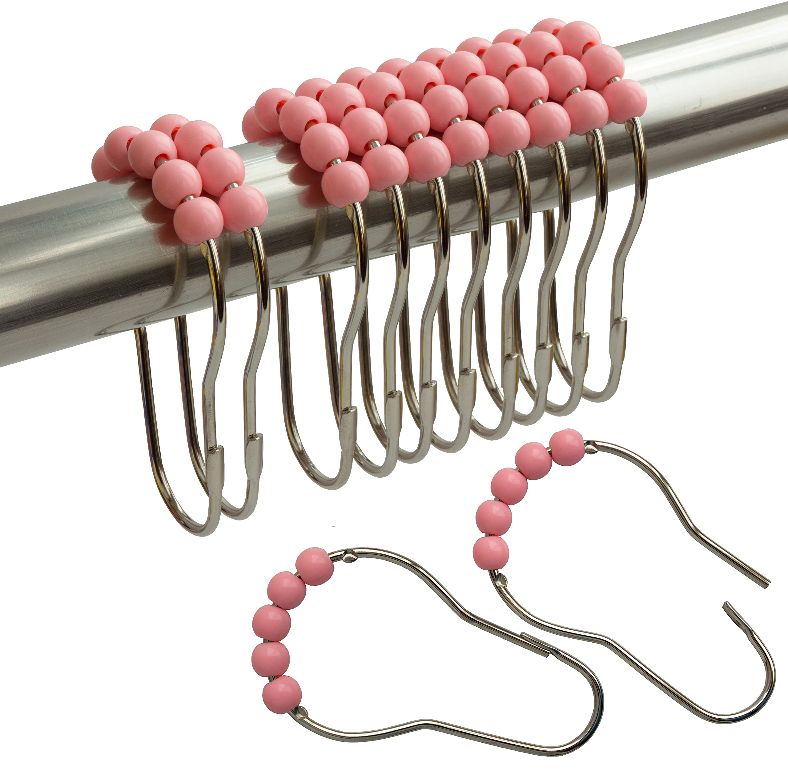 Shower Curtain Hooks Rings Stainless Steel Shower Hooks Pink Acrylic roller Balls Rustproof Heavy Duty for Bathroom Curtain(Pink)