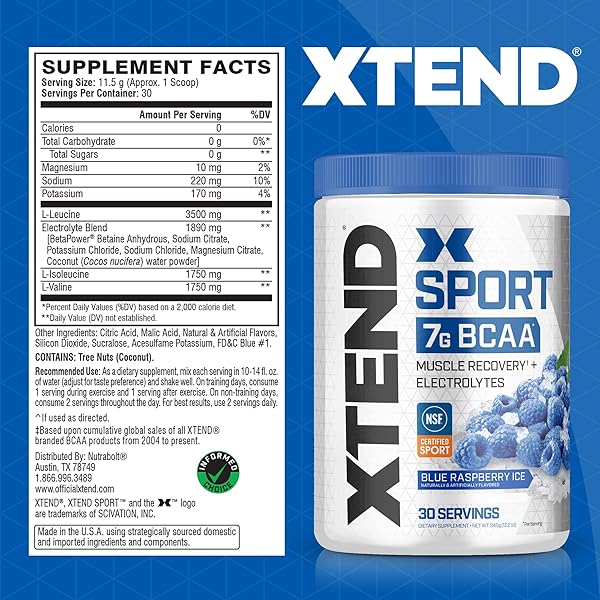 XTEND SPORT BCAA POWDER BLUE RASPBERRY ICE – ELECTROLYTE POWDER FOR RECOVERY & HYDRATION WITH AMINO ACIDS – 30 SERVINGS