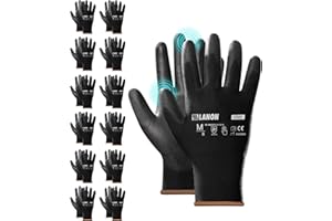 LANON 12 Pairs Safety Work Gloves, Mechanic Working Gloves for Men,Breathable PU Coated, Seamless Knit,Double Wash, Black, La