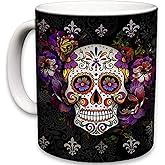 Sweet Gisele Sugar Skull Ceramic Mug, Floral Print Coffee Cup, Day of the Dead Design, Beautiful Vivid Colors, Great Novelty Gifts 11 Fl. Oz Black