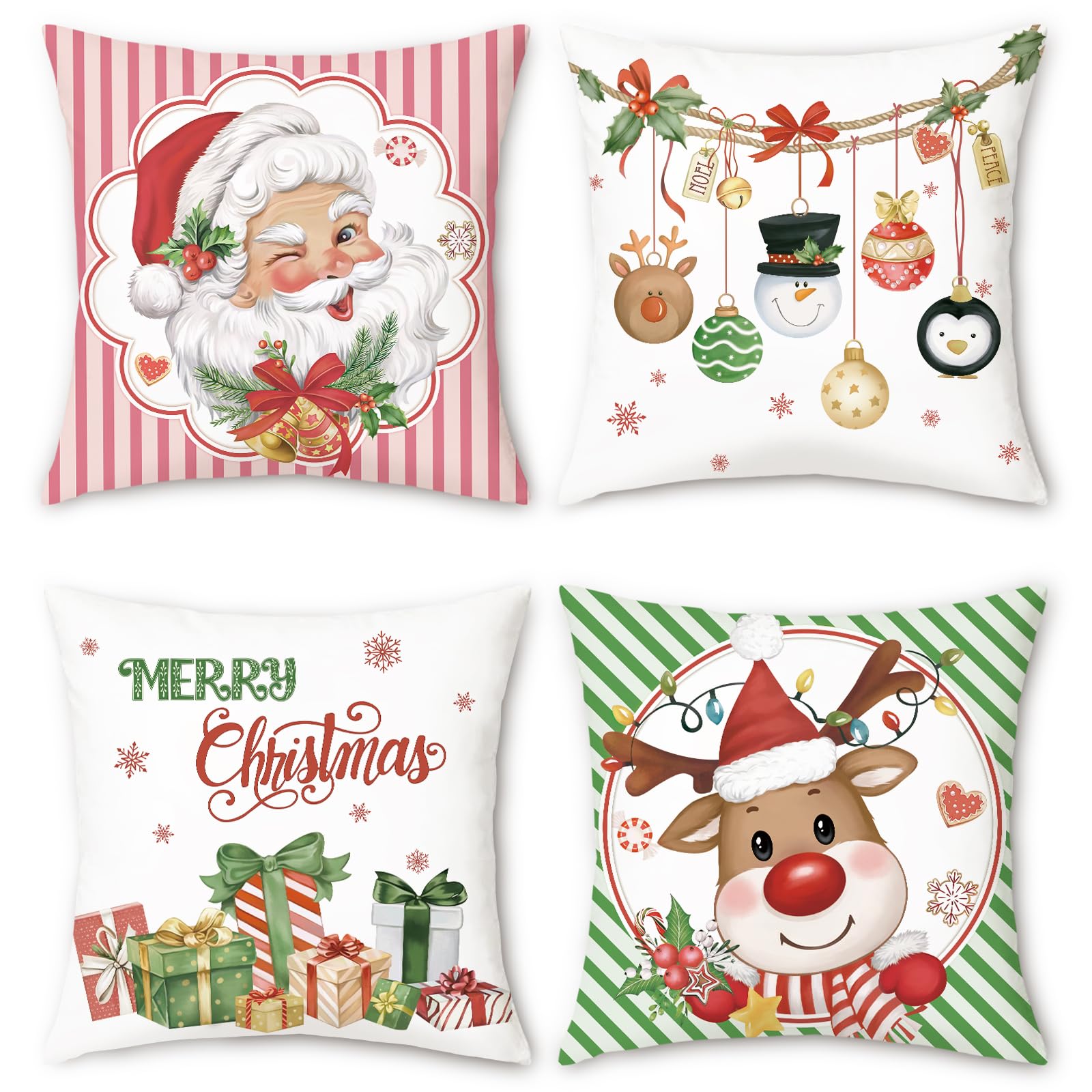 Bonhause Merry Christmas Cushion Covers 45 x 45 cm Santa Claus Deer Xmas Balls Decorative Throw Pillow Covers for Sofa Couch Bed Home Christmas Winter Holiday Decor Set of 4