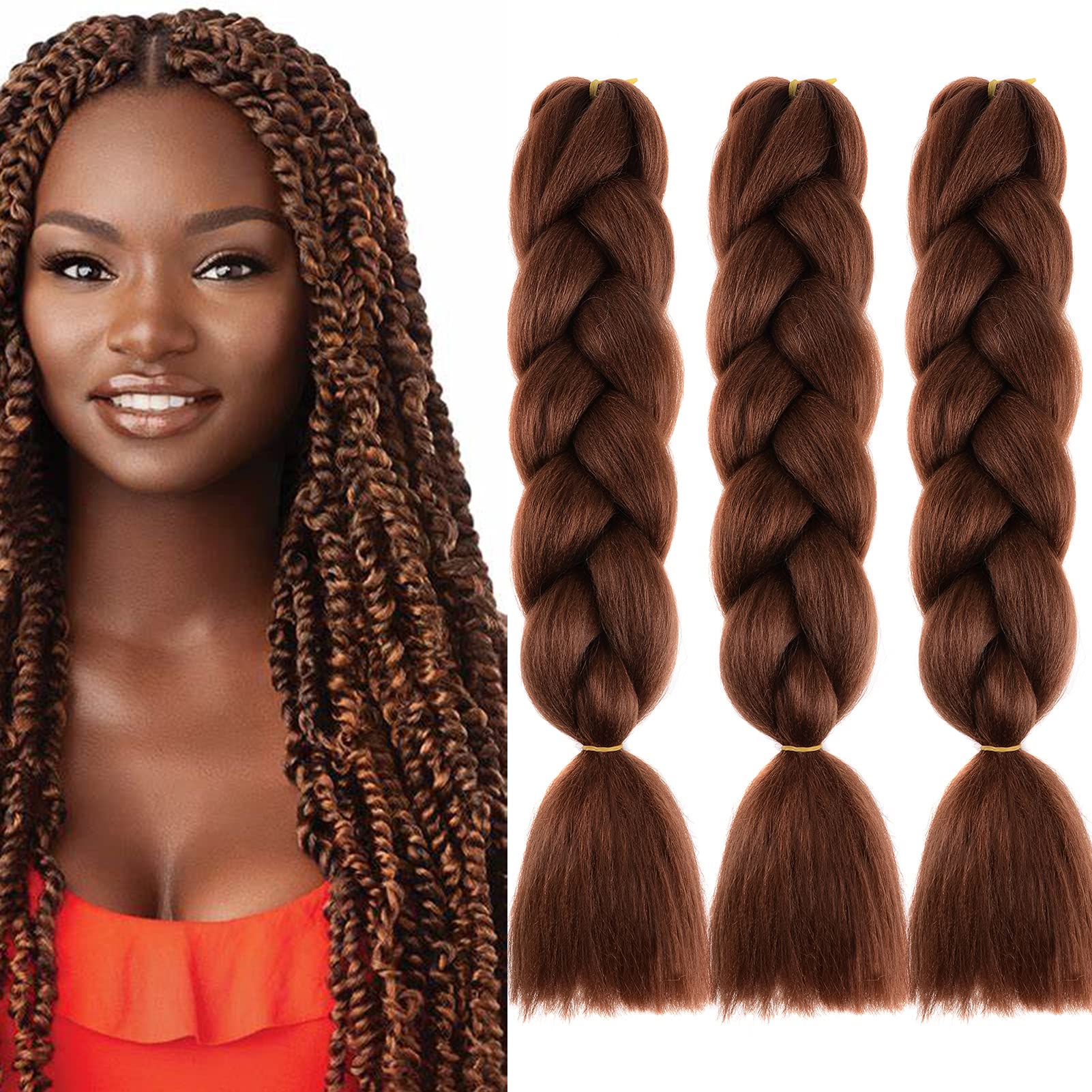 24" Braiding Hair Extension Jumbo Braids Synthetic 3bundles/pack Crochet Hair Afro Box Braid Heat Resistent (Dark Auburn) โ image 1
