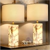 Scenekoy 23" Alabaster Table Lamp Set of 2 with Night Light for Living Room | Rotary Switch Bedside Lamp with Linen Shade for Bedroom, Modern Nightstand Lamps for Room Office Dorm (Bulb Included)