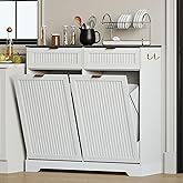 METOTI 2x13 Gallons Double Tilt Out Trash Can Cabinet, Trash Cabinet, White | Wooden Fluted Trash Garbage Can Cabinet with 2