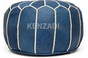 KENZADI Genuine Leather Pouf STUFFED Handmade Stitched in Marrakech by Moroccan Artisans (Blue Jean)