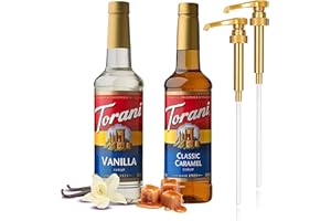 Torani Coffee Syrup Variety Pack - Vanilla and Caramel Syrup for Coffee with 2 Jimoco Syrup Pump Dispenser Compatible with Torani Syrup