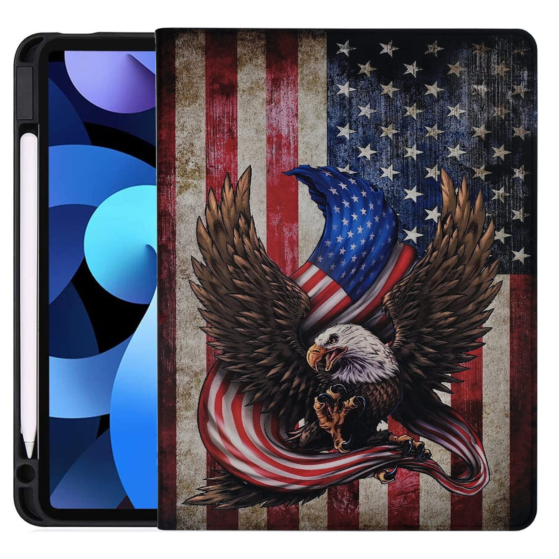 Photo 1 of Rotating Case for iPad Air 11-inch M3 (2025) / M2 (2024), iPad Air 5th/4th Generation 10.9'', [Built-in Pencil Holder] PU Leather Folding Stand Cover with Auto Wake/Sleep, Bald Eagle American Flag