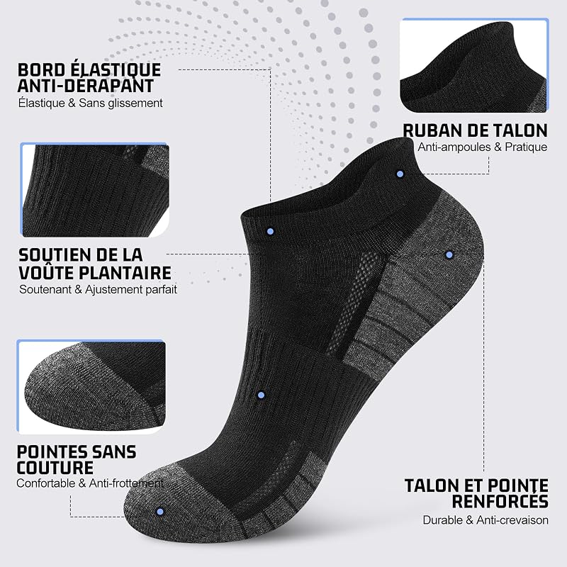 10 Paires Chaussettes Basses Homme Femme, Socquettes Coton Courtes Respirantes Antidérapantes, Sport Running Unisexe Noir 39-42