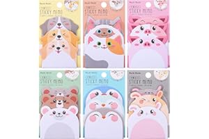 JIANTA Cute Sticky Notes, 6 Pack 270 Sheets Kawaii Cartoon Sticky Notes Animals Shape Markers Flags, Cute Notepads Self-Stick