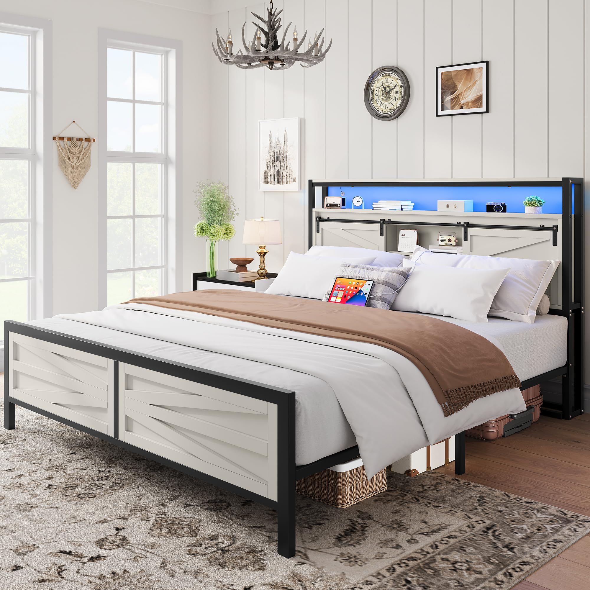 Photo 1 of ***MISSING PARTS****DWVO Farmhouse Queen Bed Frame with LED Lights and Charging Station, Platform Bed Frame with Storage Bookcase Headboard, Sliding Barn Door, Solid Metal Slats, No Box Spring Needed (White)
