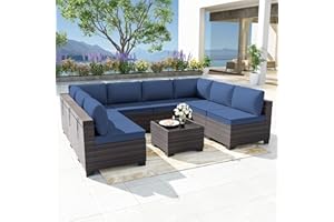 Delnavik Patio Furniture Set 9-Pieces Outdoor Furniture for Backyard Wicker Sectional Sofa Set, Rattan Patio Conversation Set with Thickened Cushions and Glass Coffee Table, Navy Blue
