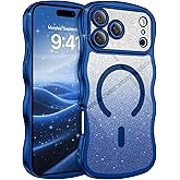 BENTOBEN for iPhone 17 Pro Max Case Clear, [Compatible with MagSafe][Full Camera Protection][Cute Wave Frame][DIY Glitter Cardstock] Electroplated Wavy Shockproof 17ProMax Phone Case 6.9", Deep Blue