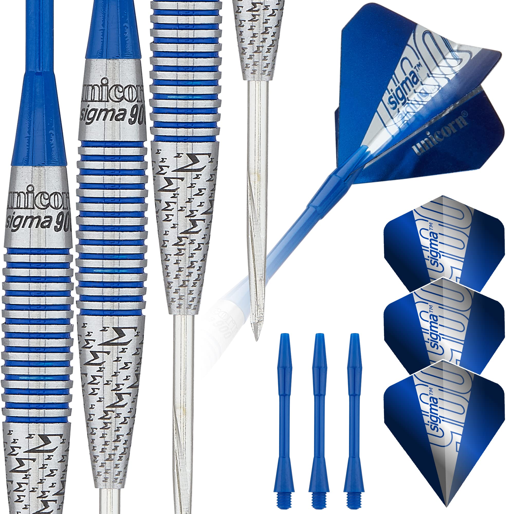 ‎Unicorn Steel Tip Professional Darts Set | Sigma 900 | 90% Natural Tungsten Barrels with Blue Accents & Volute Points | 21 g