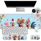 Desk Mat Large Gaming Mouse pad Set 31.5x11.8 inch [4in1Mousepad + Keyboard Wrist Rest+Mouse Wrist Rest+Coaster ] with Ergonomic Desk Pad for Home Office Table Computer - Cute Chicken