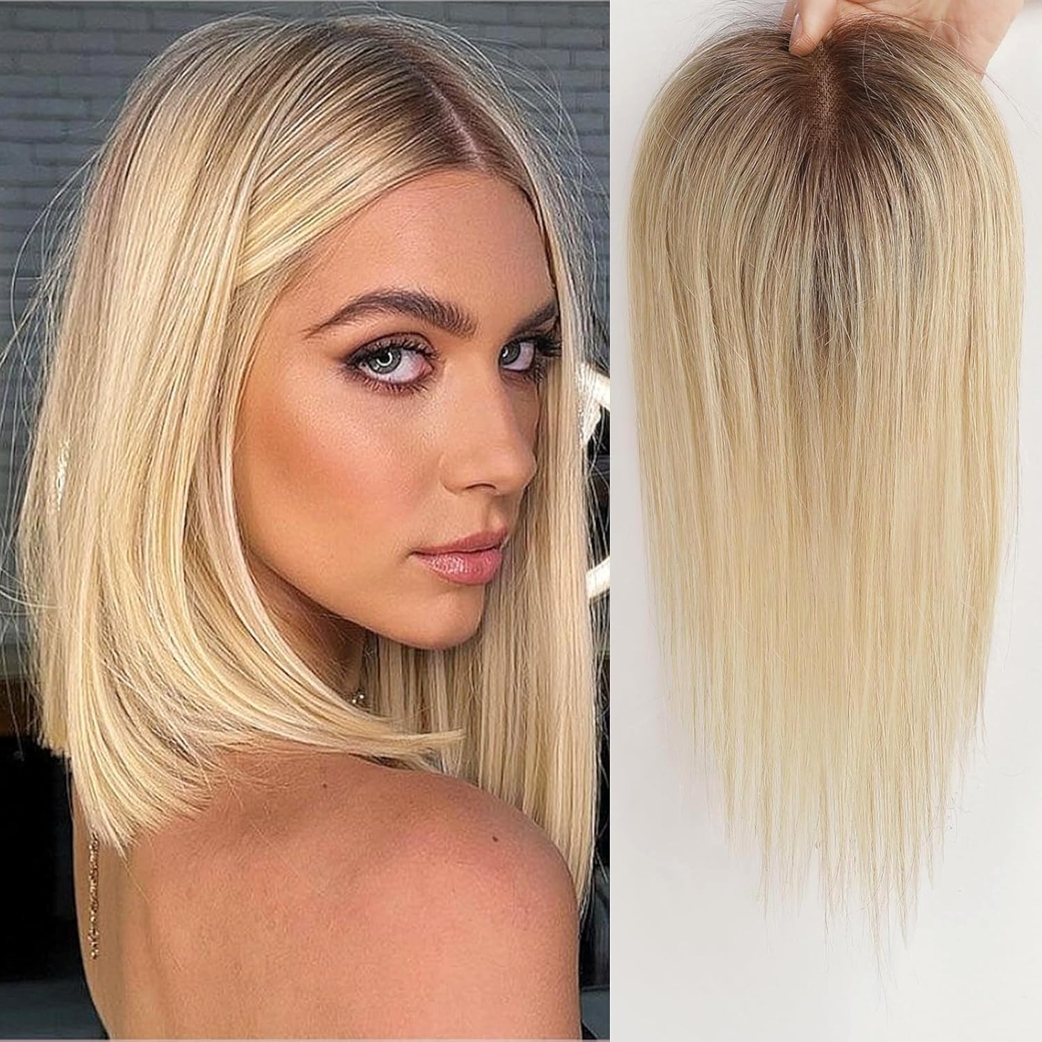 EMMOR Hair Topper For Women, 100% Remy Human Hair, 12 inch Ombre Light Blonde, 3.5in×4in Hand-Tied, 120% Density, 24 cm — image 1