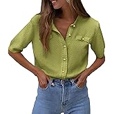 PRETTYGARDEN Women's Summer Button Down Shirts Casual Short Sleeve Crew Neck Ribbed Knit Blouse Top Cardigans