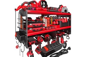 Spampur Power Tool Organizer Wall Mount with 4-Outlet Power Strip, Heavy Duty Metal Storage Rack for Garage, Holds 6 Drills & Batteries - Ideal Christmas Gifts for Men, Dad, Husband from Wife