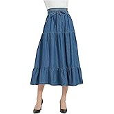 Tronjori Womens A Line Long Midi Denim Skirt Tired Pleated Layers Elastic Waist Front Drawstring