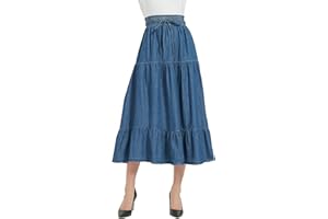 Tronjori Womens A Line Long Midi Chino Denim Skirt Tired Pleated Layers Elastic Waist Front Drawstring