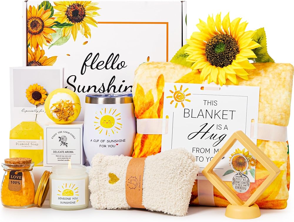 Sunflower Gifts Basket for Women,Sending Sunshine Relaxation Birthday Box,Unique Thank You Self Care Package Get Well Inspira