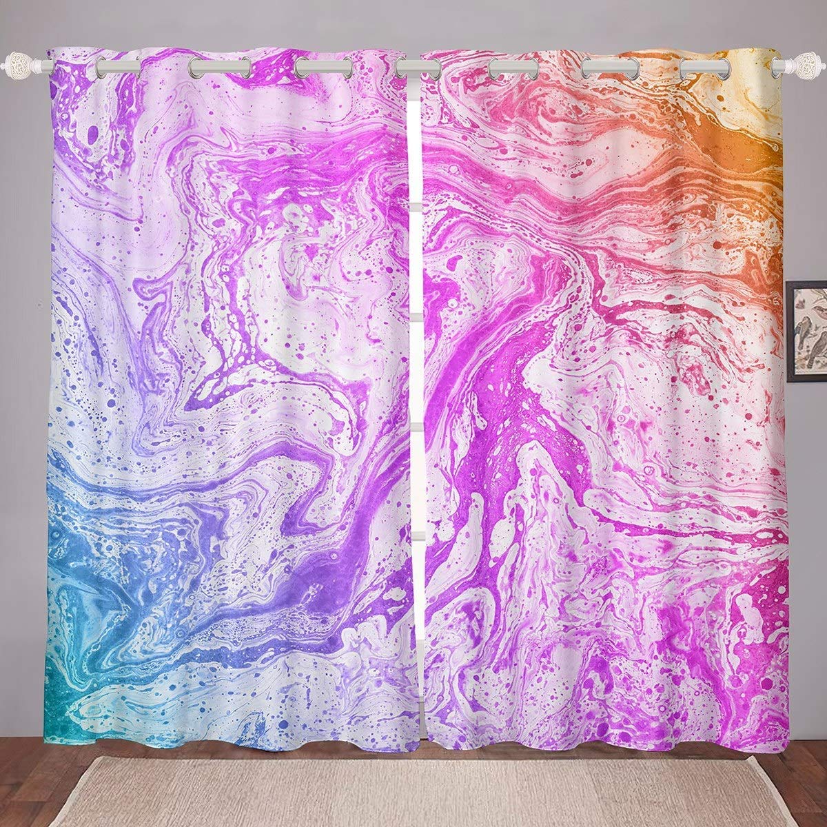 Homemissing Girly Fluid Curtains Colorful Marble Printed Curtains For Bedroom Living Room For Kids Girls Women Rainbow Wave Windows Drapes Watercolor Art Room,W46*L54