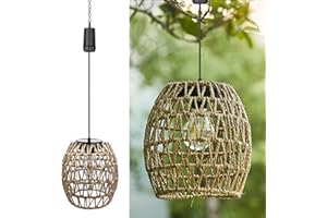LAREKOOK 6 Hours Timer Battery Operated Outdoor Hanging Light Seagrass Woven Waterproof Porch Gazebo Patio Pendant Lantern Chandelier Lighting Decorative Hollow-Out Auto On/Off Warm White Bulb