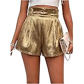OYOANGLE Women's Metallic Sparkly Elastic High Waisted Shorts Party Straight Leg Shorts