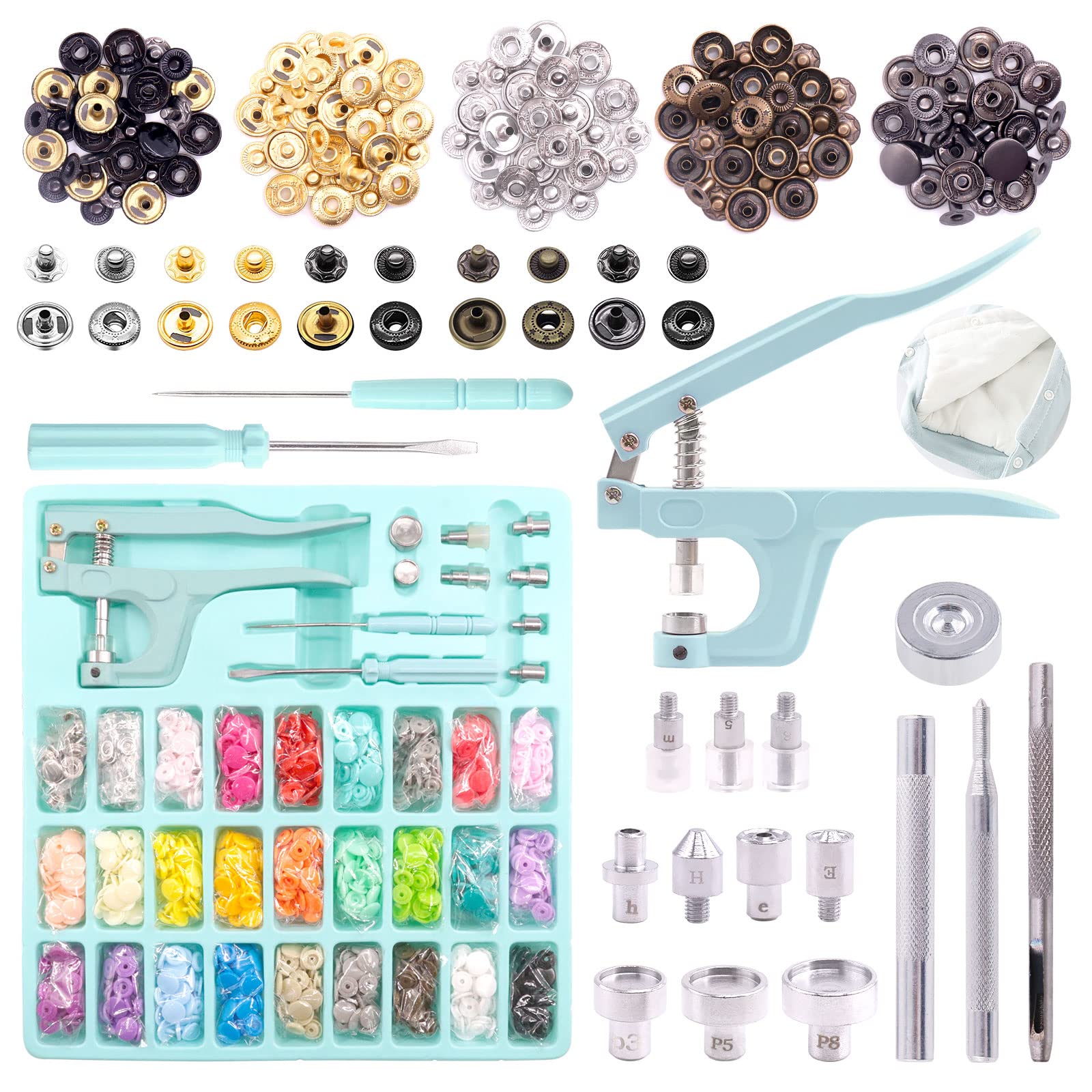 Keadic 408Sets Snap Button Kit with Pliers, 31 Colors Plastic Snaps for Sewing, Snap Buttons for Clothes, Snaps for Leather Crafting