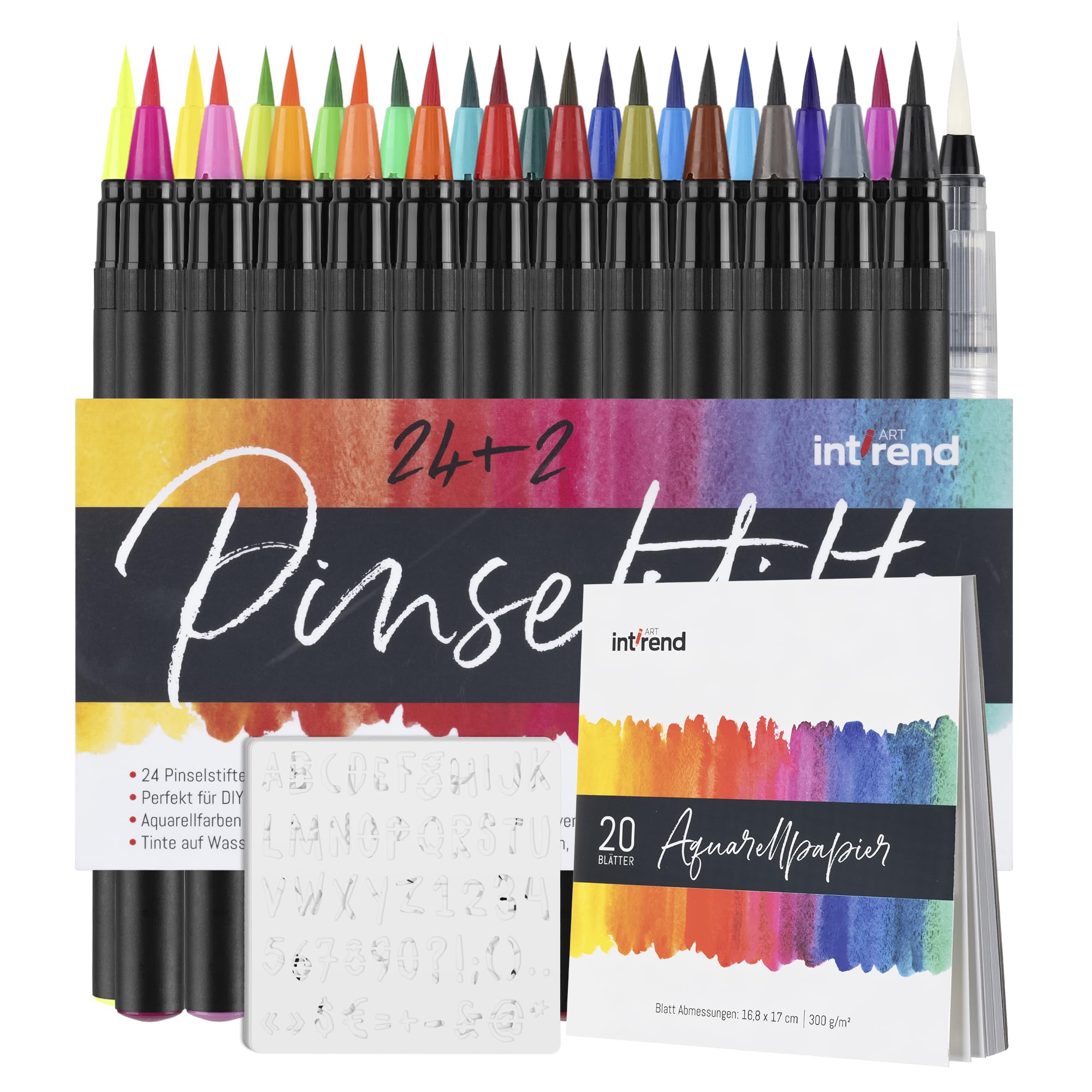 int!rend Watercolour Brush Pens Set 51 PCS - including 24 bright Professional Art Pens, 2 Water Brush Bens, 20 Sheets, 5 Stencil Templates