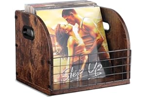Vensp Vinyl Record Storage, Wooden and Metal Vinyl Record crate,LP Record Cases,Vinyl Records holder,Vinyl Record Album Rack Holds Up to 40-60 Records,Brown